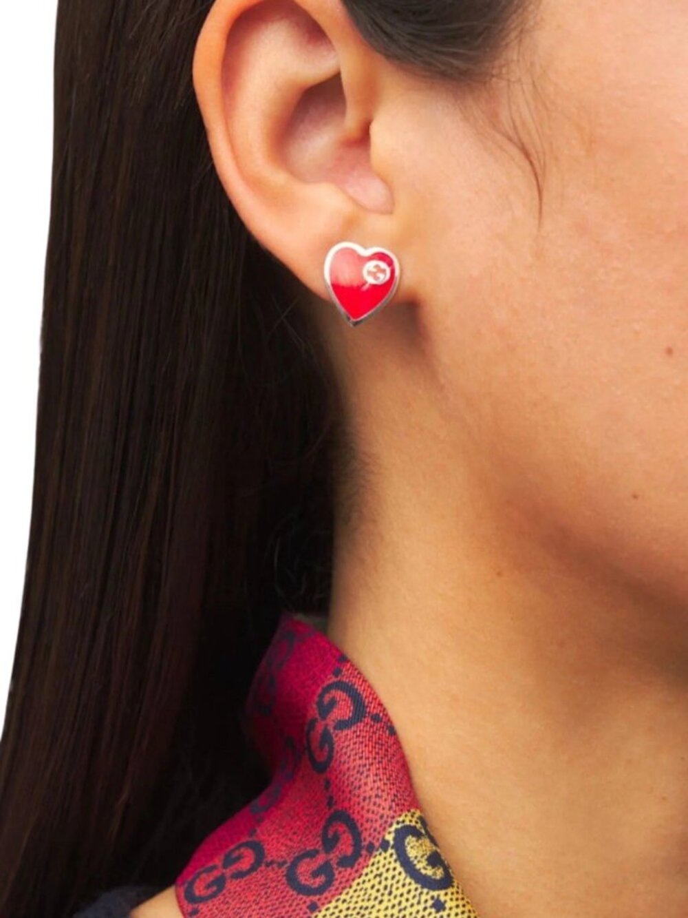 Gucci Red Enamel Sterling Silver Heart Stud Earrings
